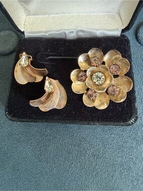 Coro Gold-Tone Floral Brooch with Matching Clip-On Earrings